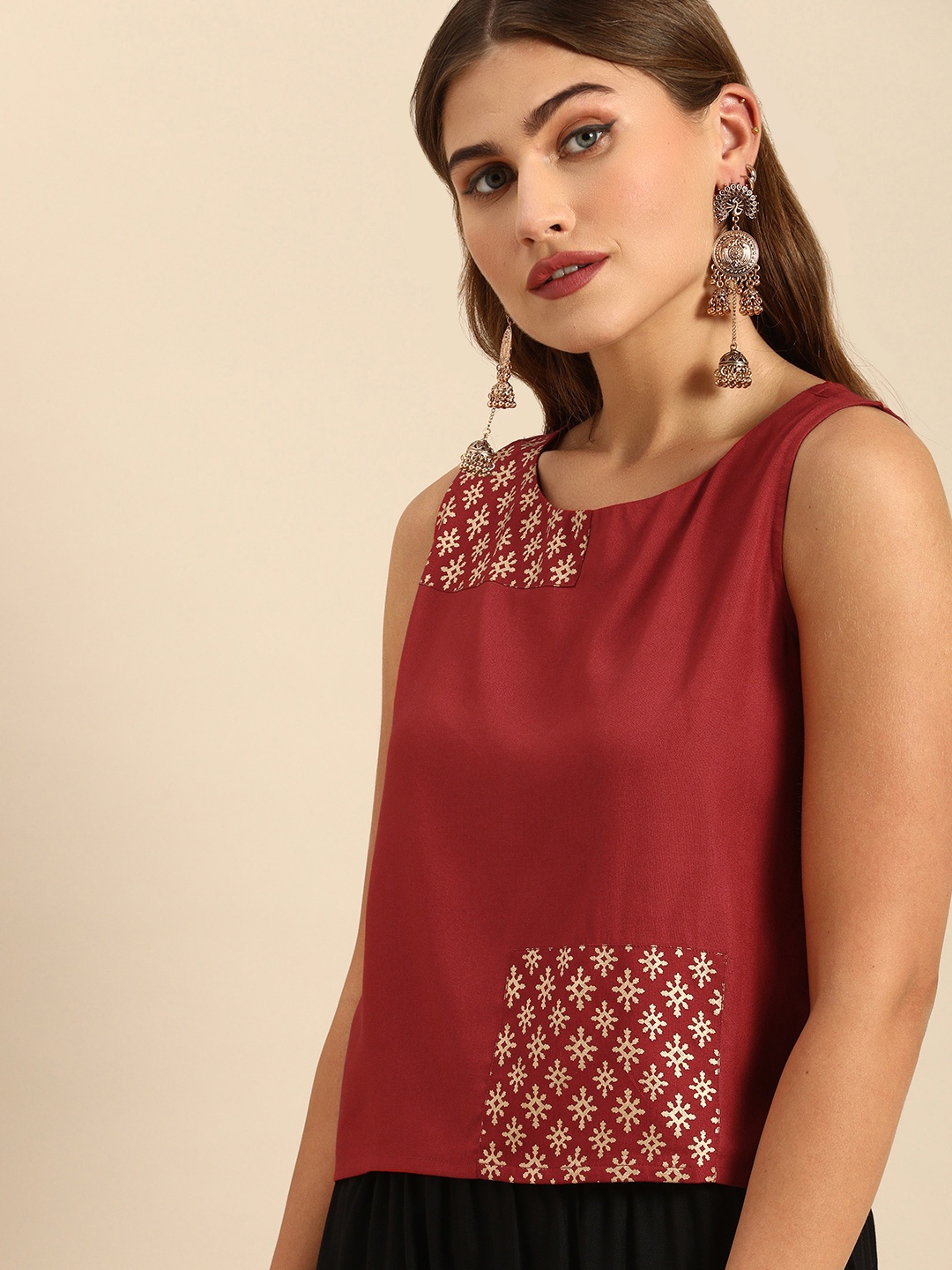 

Varanga Maroon Printed Applique Regular Top