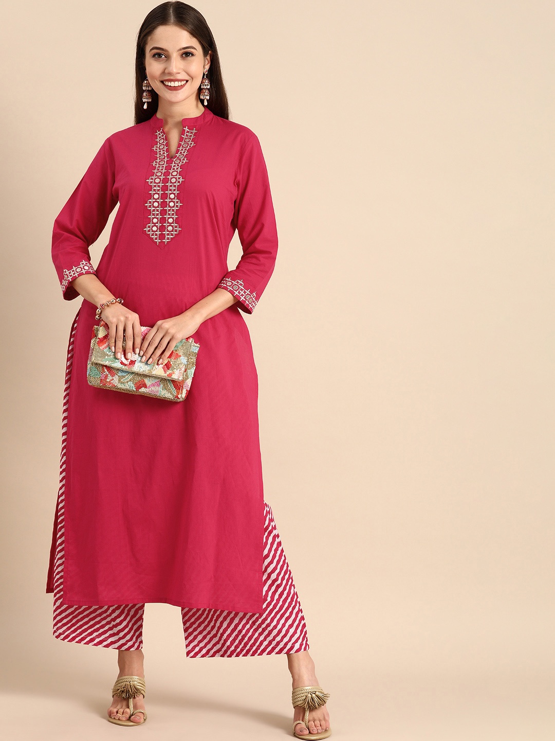 

Varanga Women Fuchsia Pink & White Yoke Design Kurta with Palazzos
