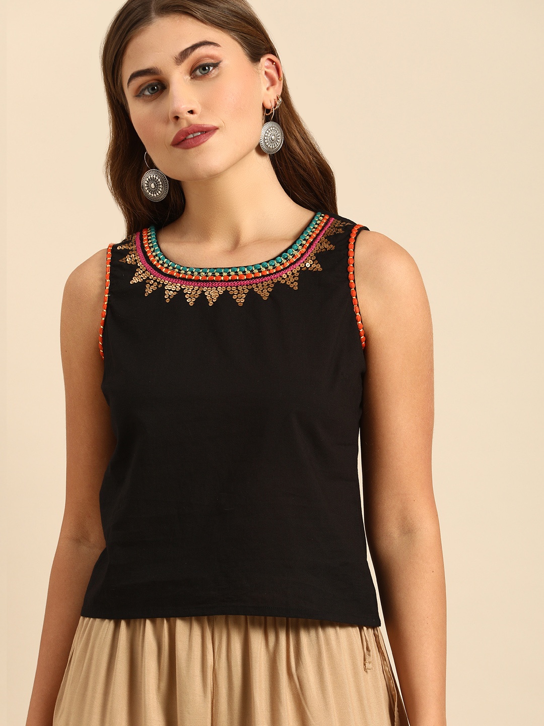 

Varanga Black Pure Cotton Regular Top with Sequin Detailing