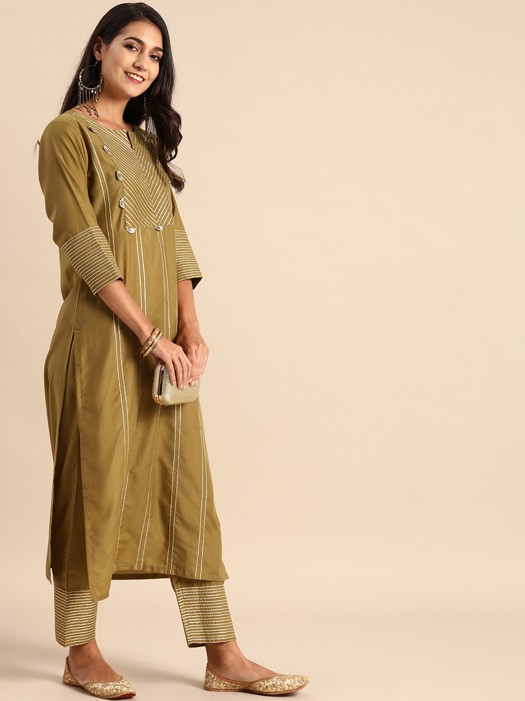 

Varanga Women Olive Brown Striped Kurta with Trousers