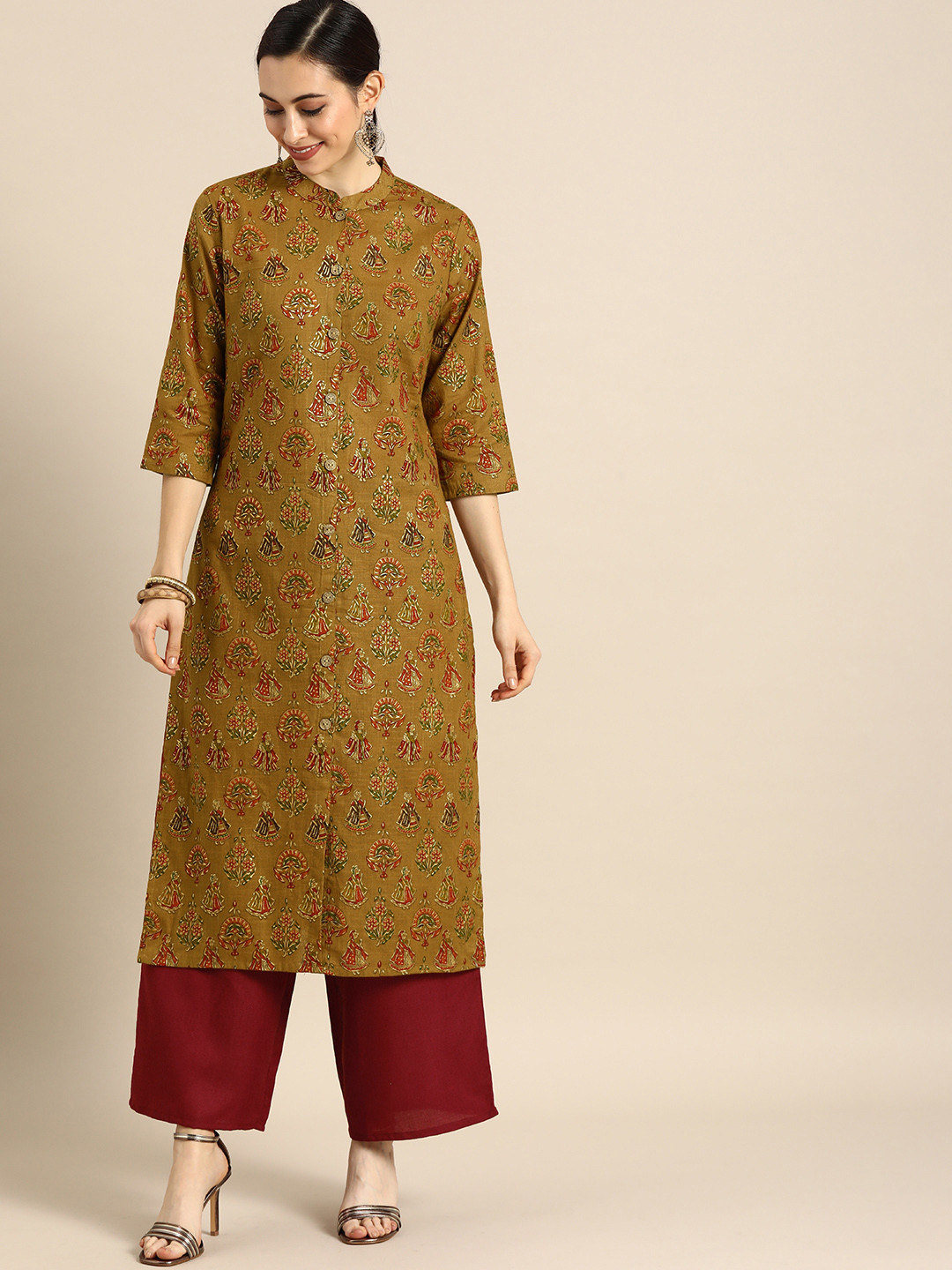 

Anouk Women Camel Brown & Maroon Foil Printed Kurta with Palazzos
