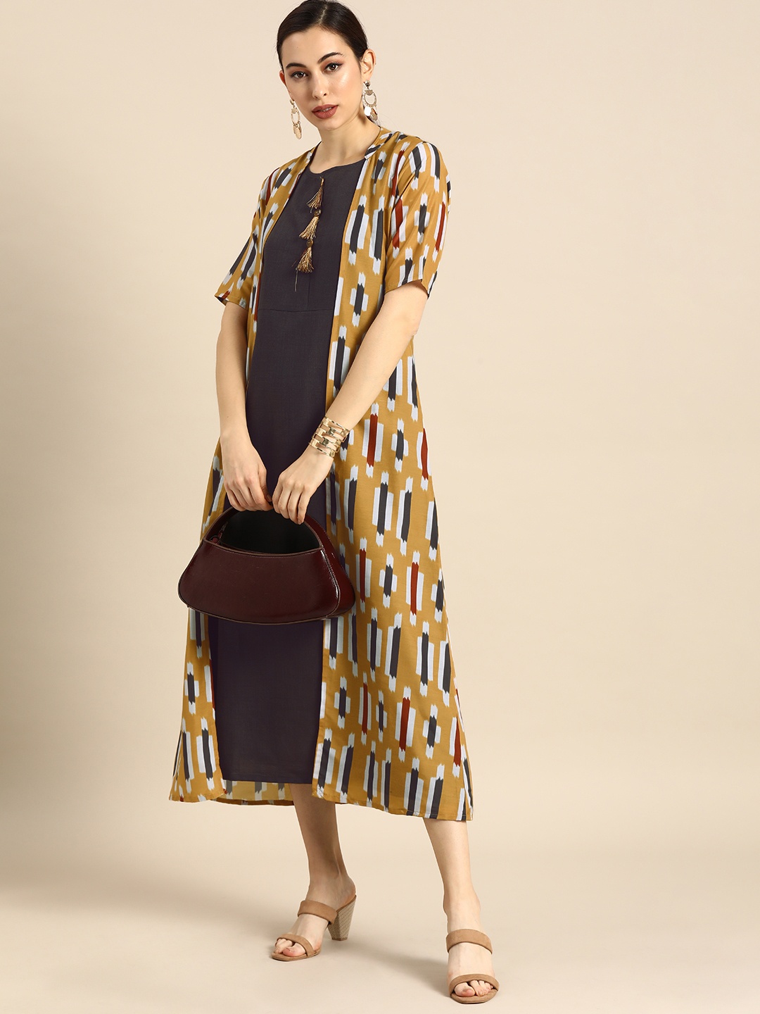 

Anouk Women Charcoal Grey Solid A-Line Dress With Printed Jacket
