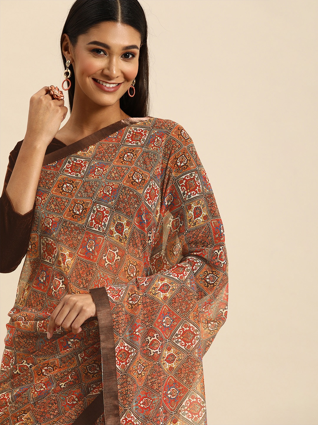 

Anouk Brown & Rust Pure Georgette Ethnic Motif Printed Saree