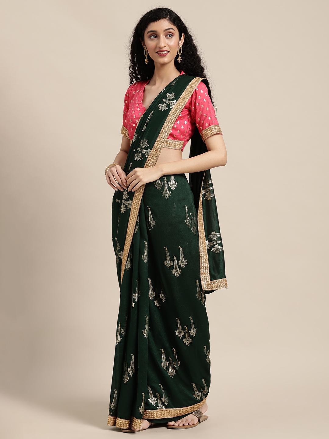 

Anouk Green & Silver-Toned Woven Designed Beads and Stones Saree