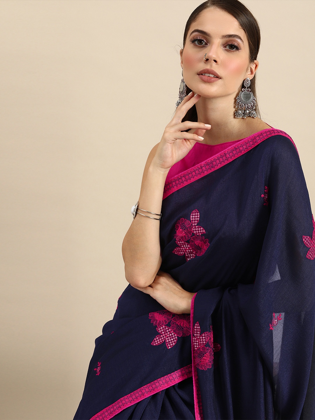 

Anouk Navy Blue & Pink Silk Blend Embroidered Saree