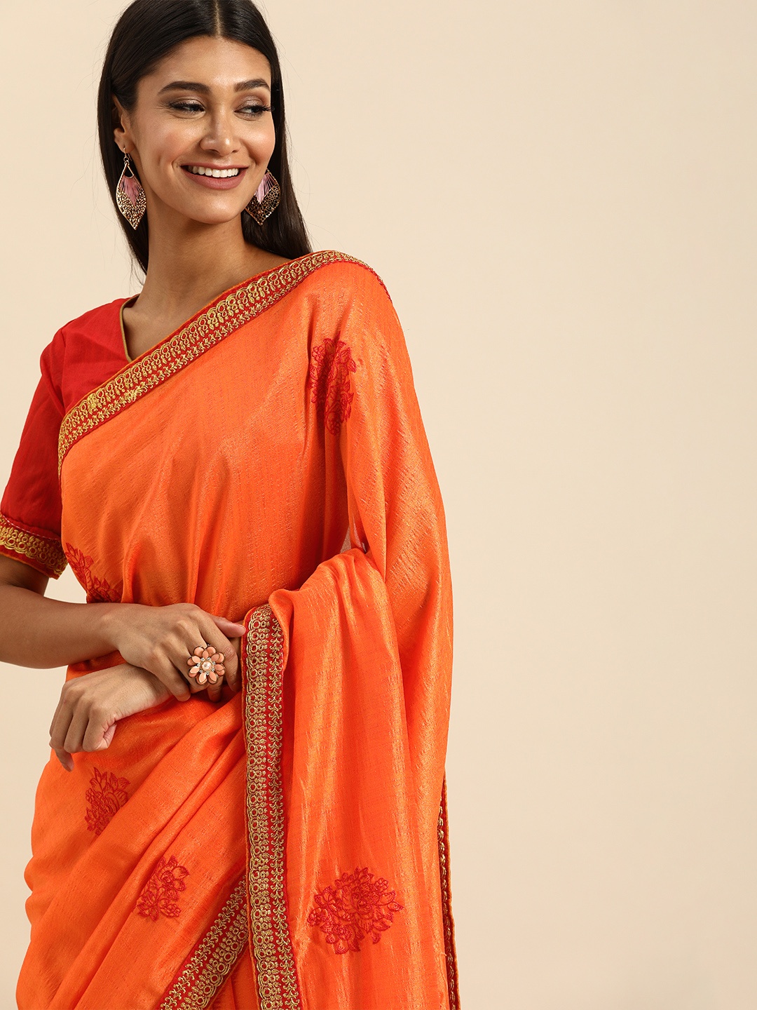 

Anouk Peach-Coloured & Red Silk Blend Embroidered Saree
