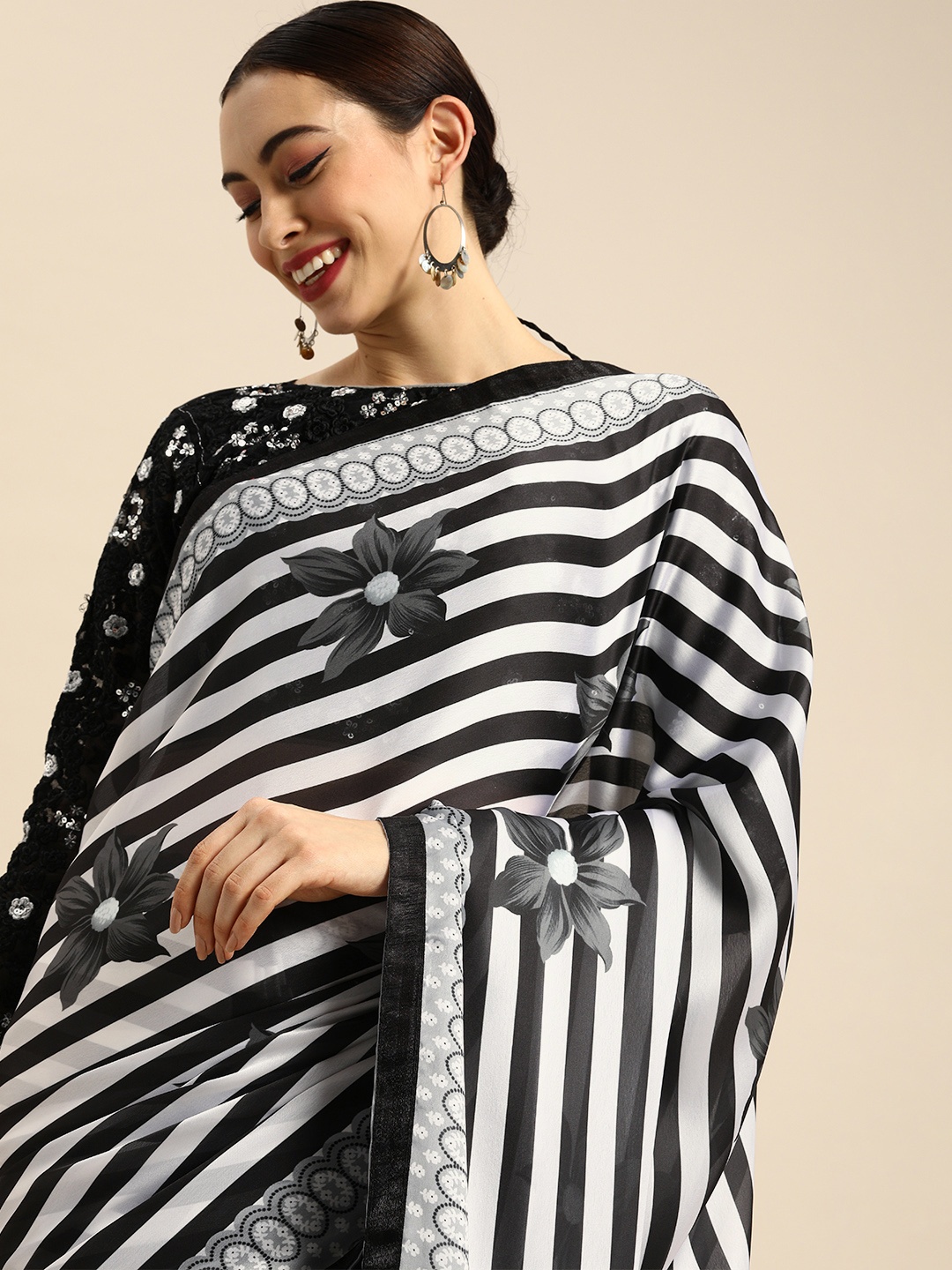 

Anouk Black & White Satin Striped Saree