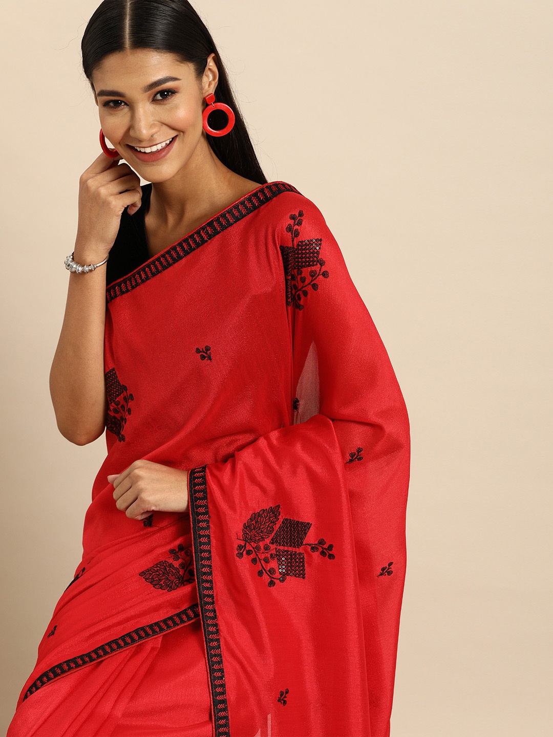

Anouk Red & Black Silk Blend Embellished Saree