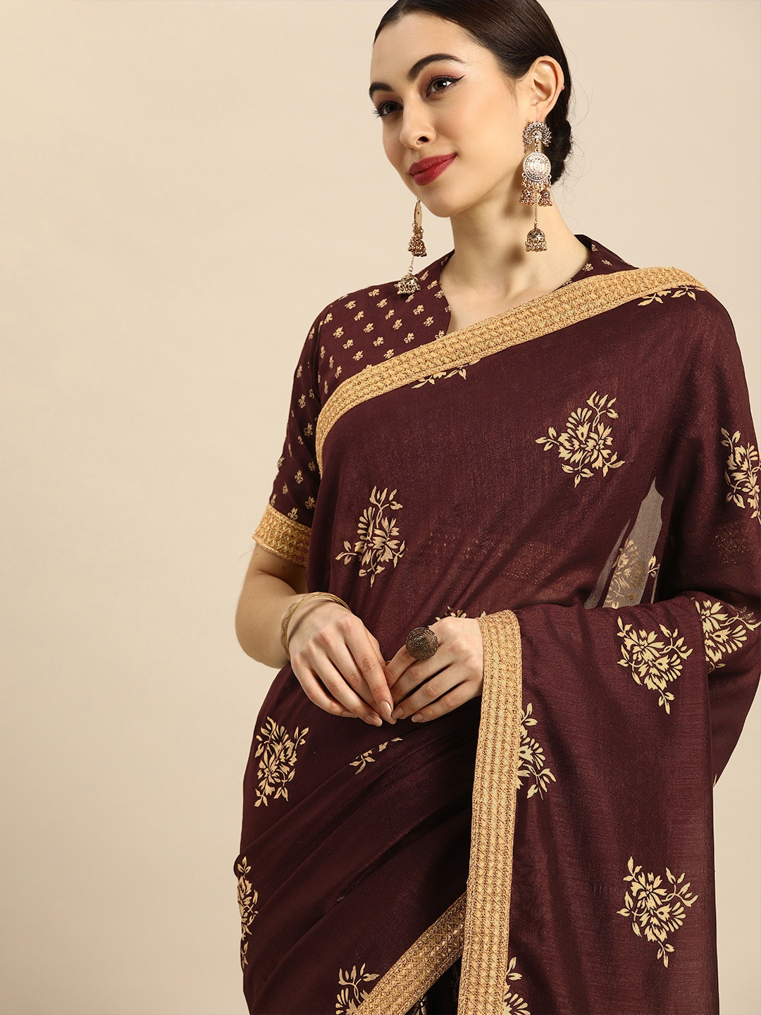 

Anouk Coffee Brown & Cream-Coloured Silk Blend Embellished Saree