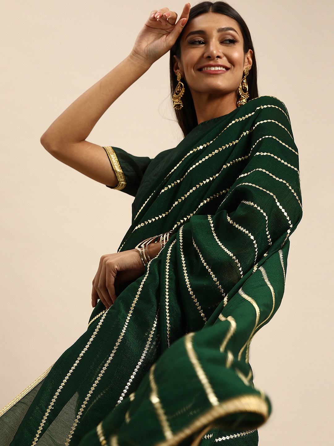 

Anouk Green & Gold-Toned Silk Blend Embroidered Saree