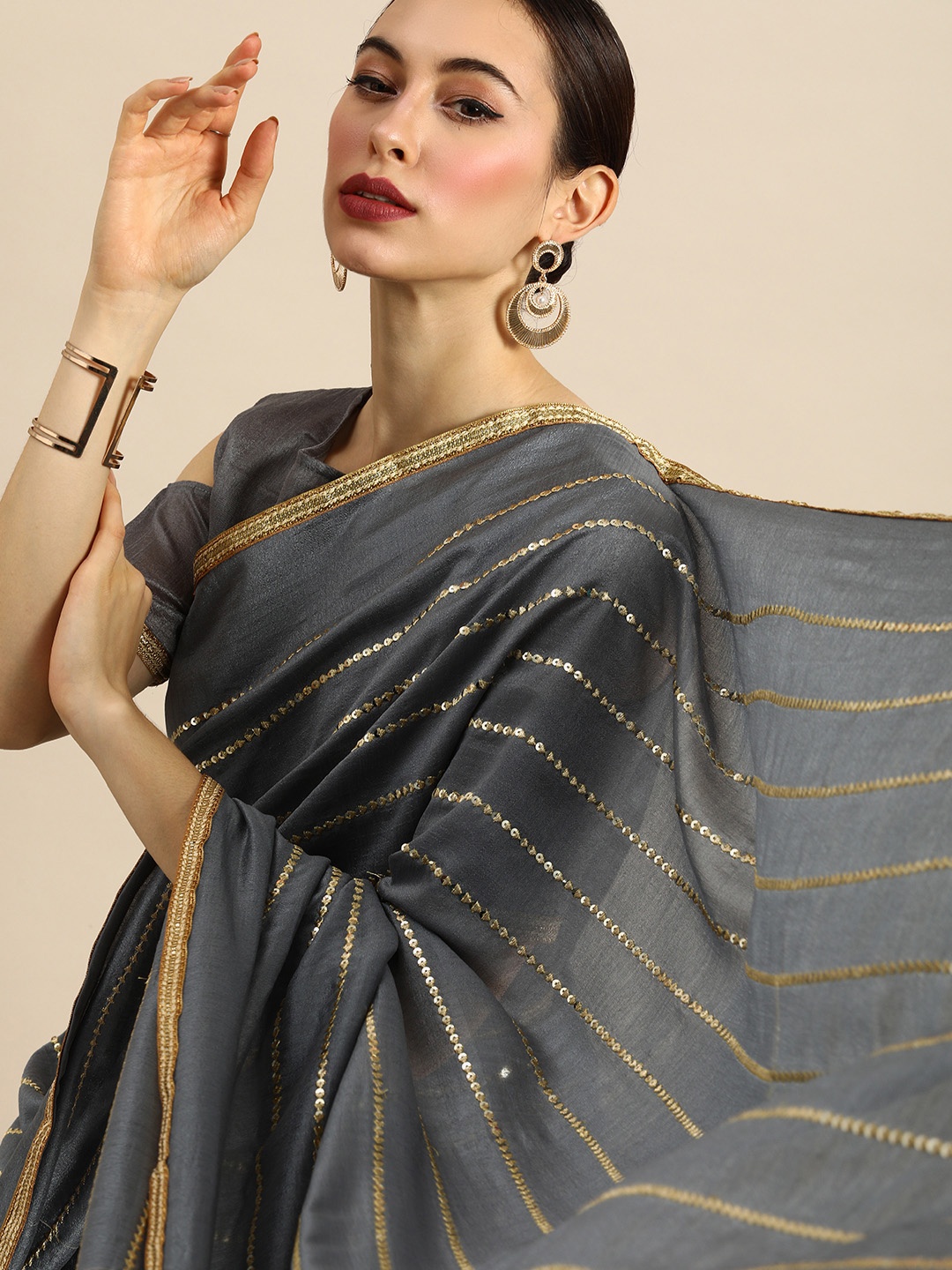 

Anouk Grey & Gold-Toned Silk Blend Embroidered Sequinned Saree