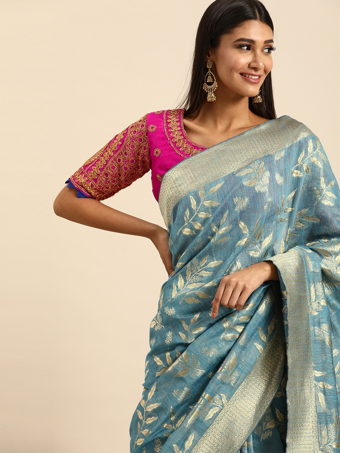 

Anouk Blue & Gold-Toned Silk Blend Woven Design Saree