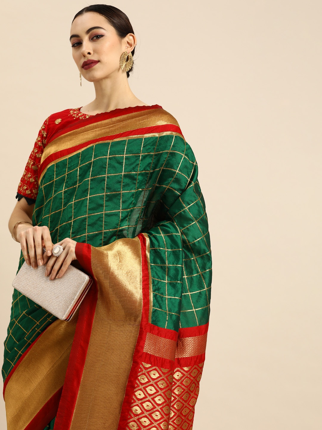 

Anouk Green Checked Silk Blend Saree
