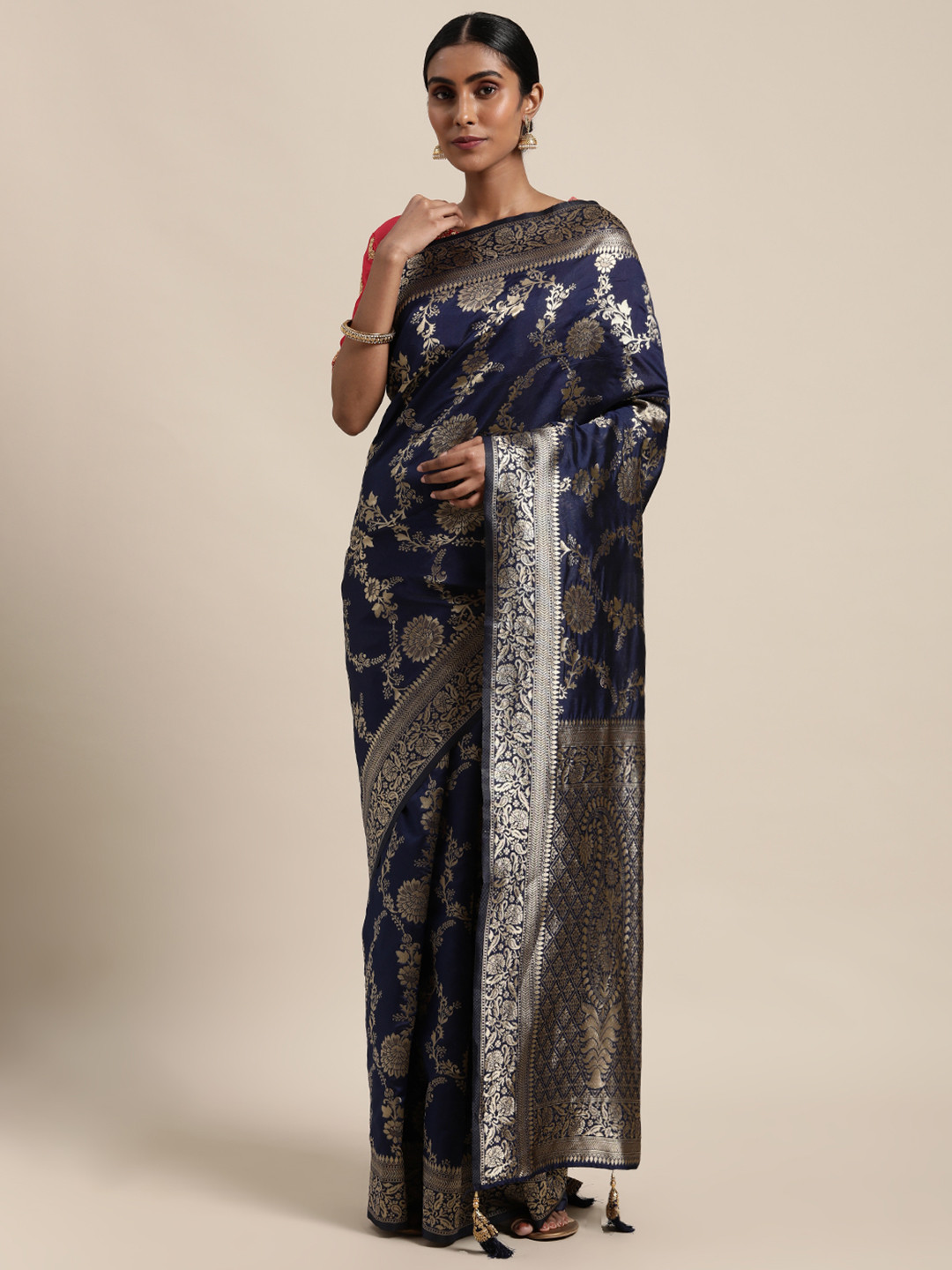 

Anouk Navy Blue & Silver-Toned Woven Design Embroidered Silk Blend Saree