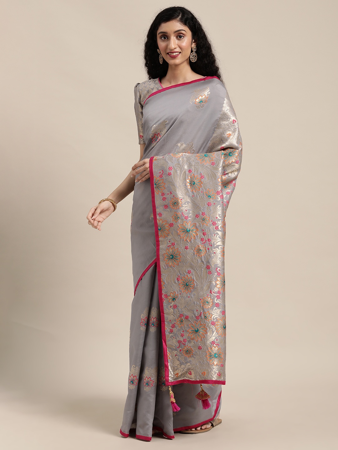 

Anouk Grey Floral Zari Silk Blend Saree