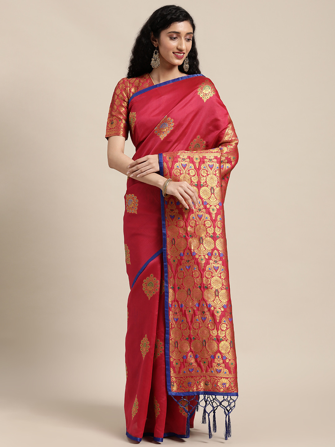 

Anouk Pink & Gold-Toned Ethnic Motifs Zari Silk Blend Saree