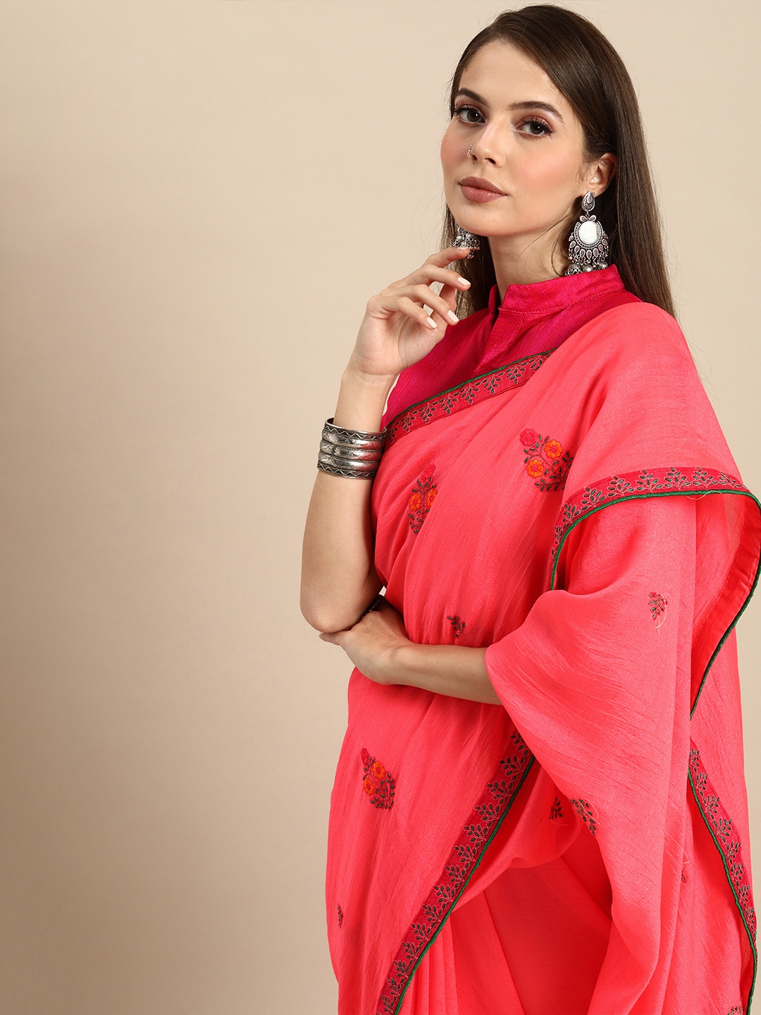 

Anouk Pink Embroidered Silk Blend Saree