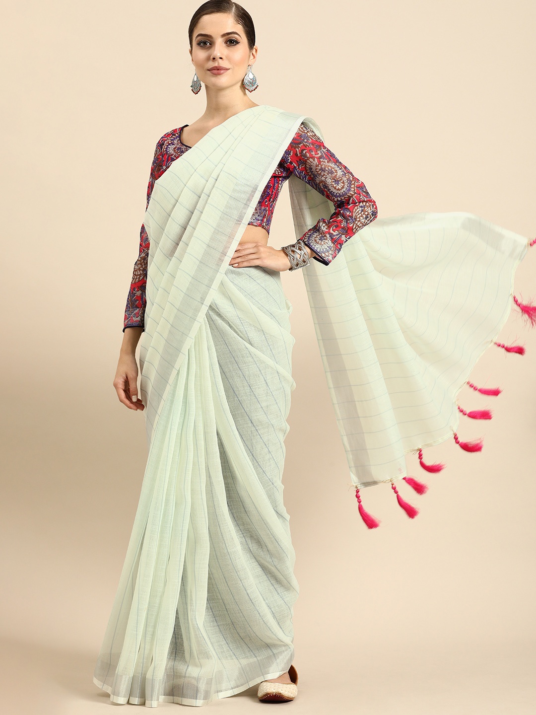 

SHAVYA Off-White Striped Pure Linen Saree