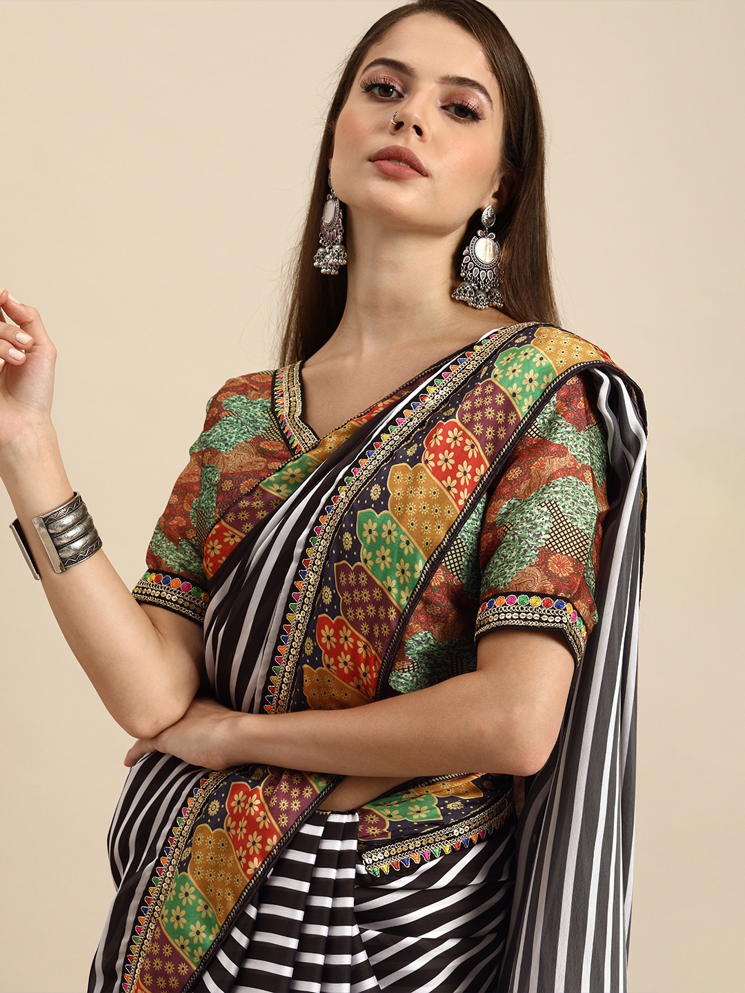 

Anouk Black & White Satin Striped Saree