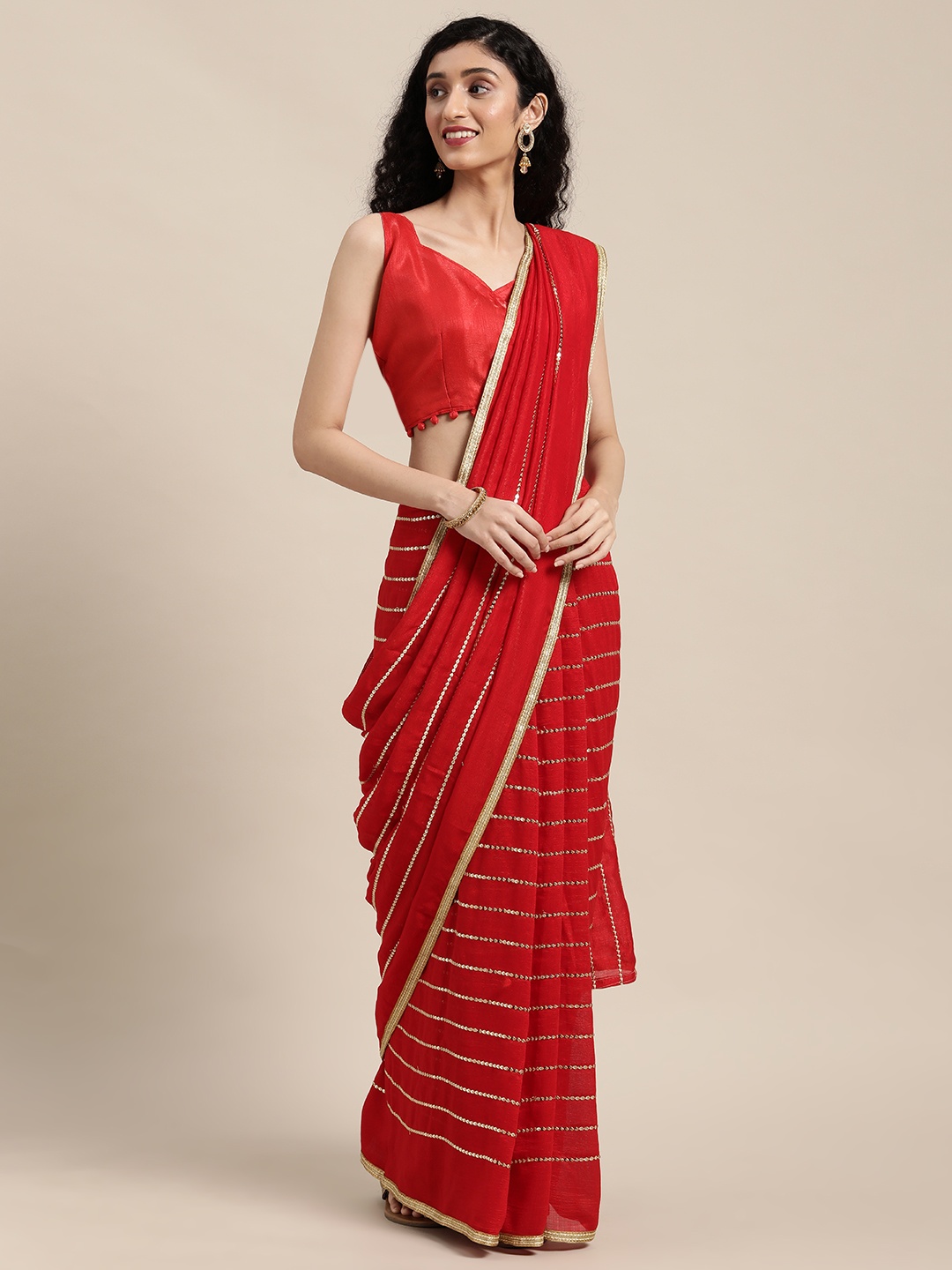 

Anouk Red & Gold-toned Striped Sequinned Silk Blend Party Wear Saree
