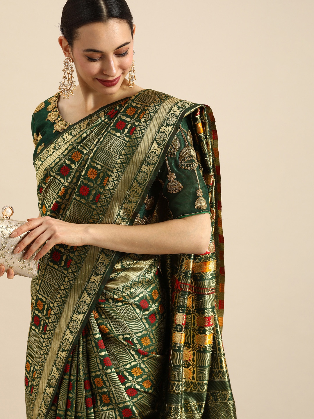 

Anouk Olive Green & Gold-Toned Checked Saree