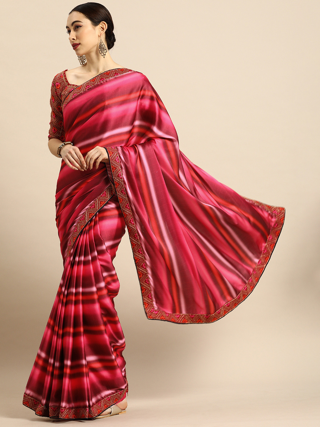

Anouk Pink & Maroon Satin Striped Saree