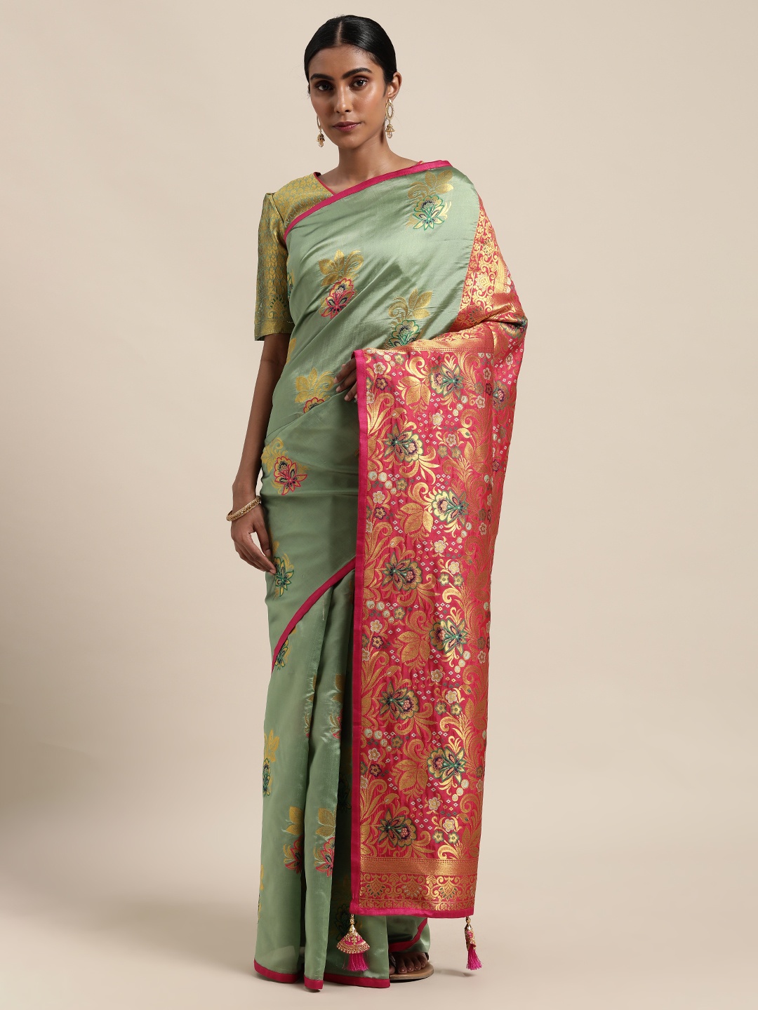 

Anouk Sea Green & Gold-Toned Ethnic Motifs Zari Silk Blend Saree