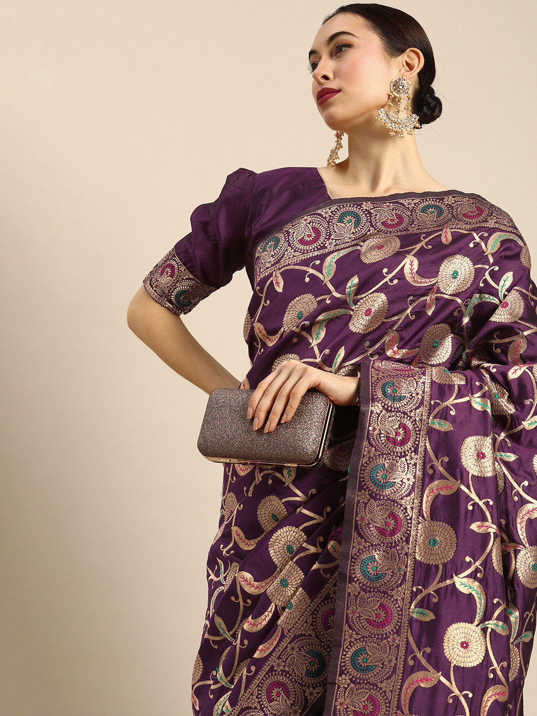 

Anouk Purple & Gold-Toned Silk Blend Woven Design Saree