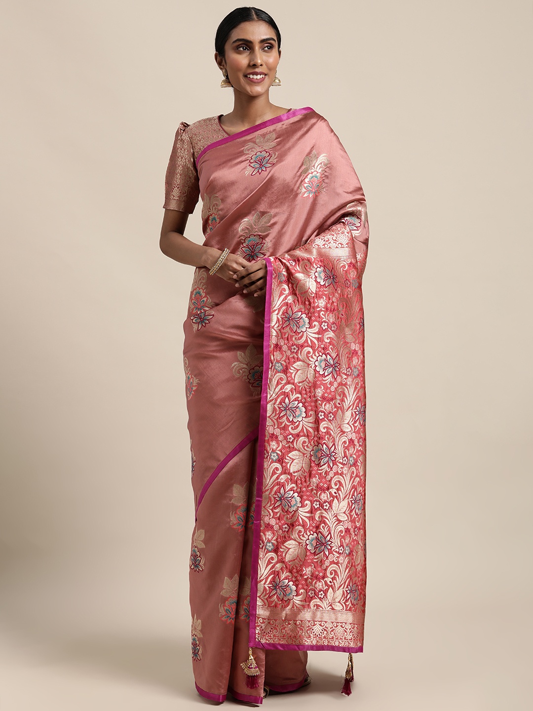

Anouk Rust Floral Zari Silk Blend Saree