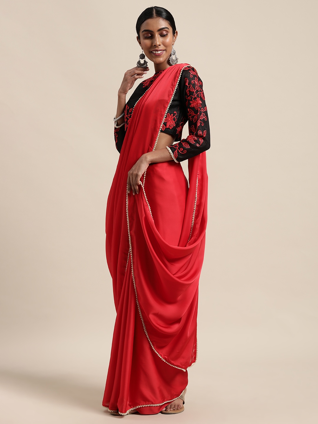 

Anouk Red Embellished Satin Saree