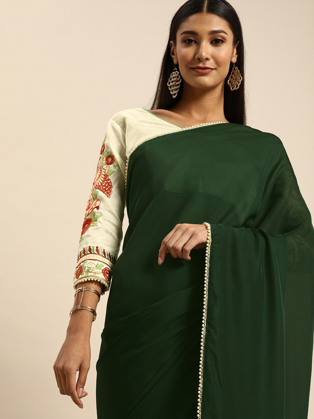 

Anouk Olive Green Solid Saree