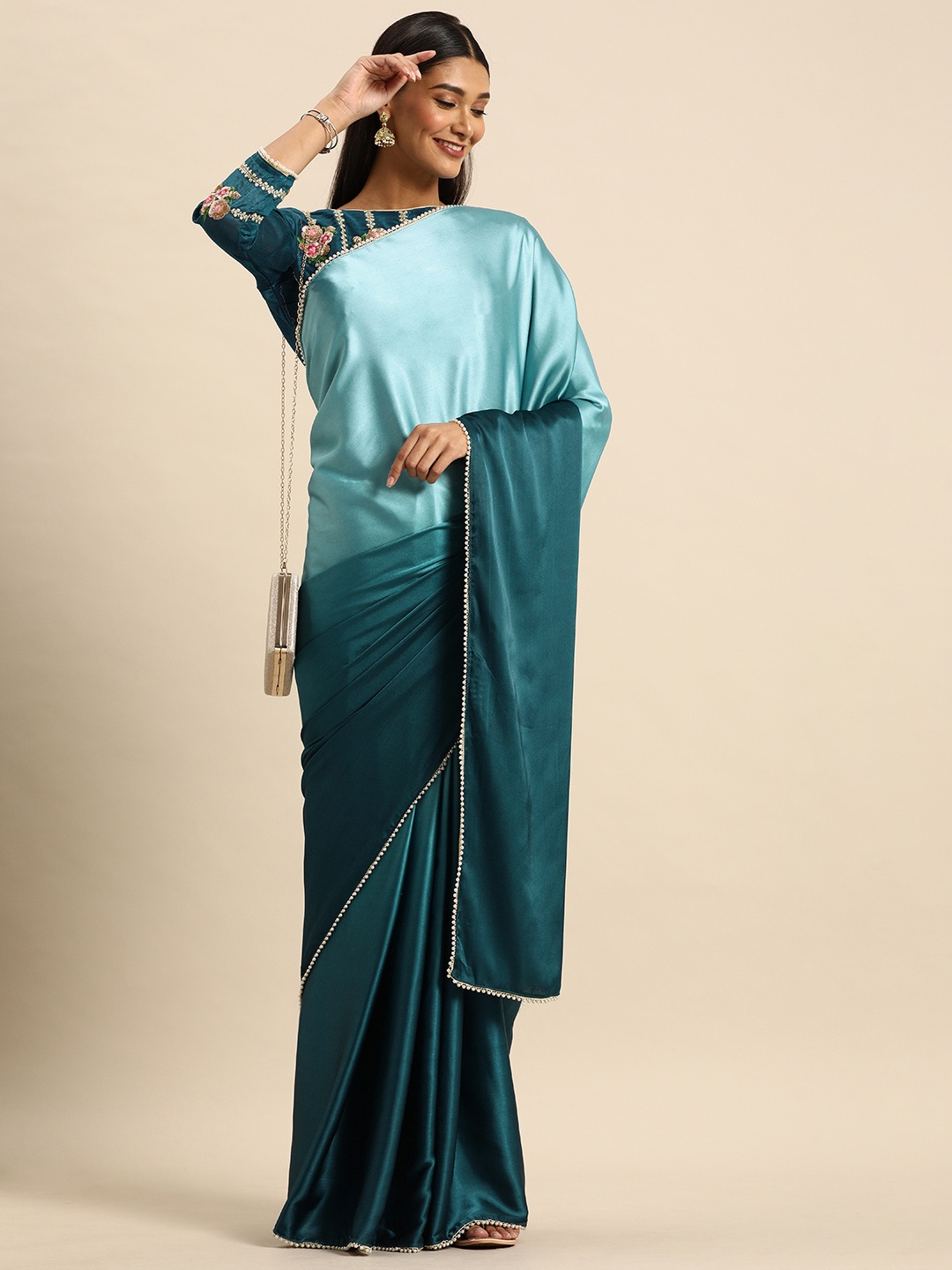 

Anouk Teal Blue Ombre Dyed Satin Saree