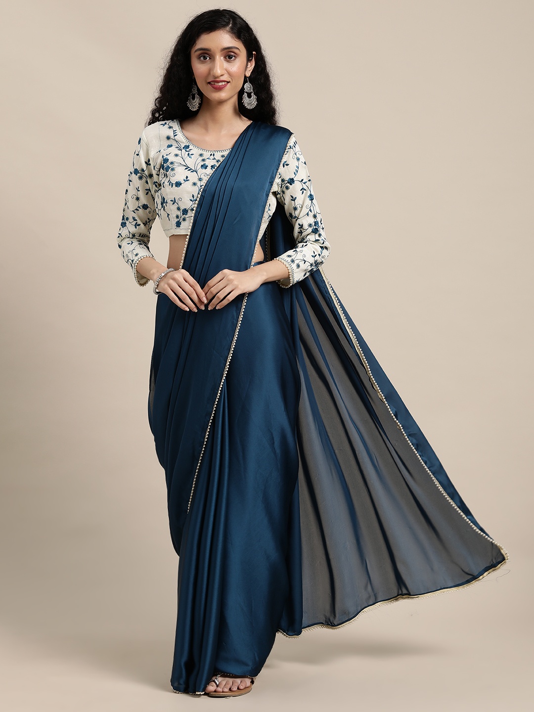 

Anouk Navy Blue Sequinned Satin Saree