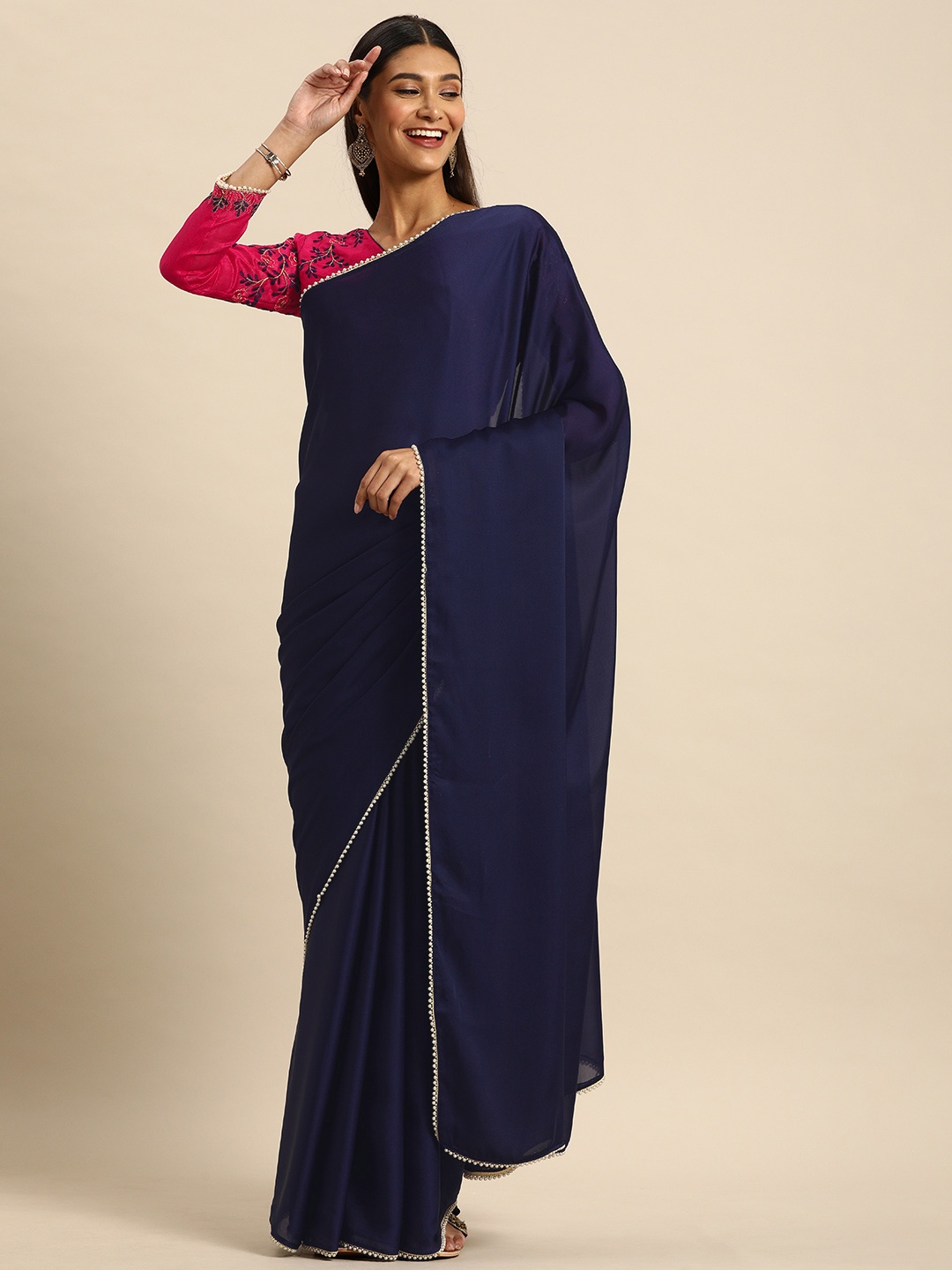 

Anouk Navy Blue Solid Satin Saree