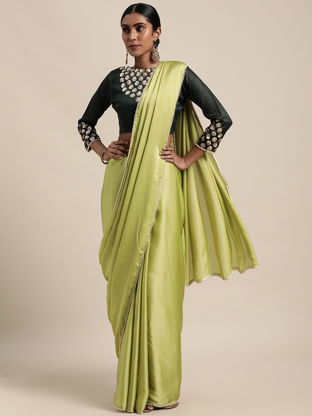 

Anouk Green Embellished Sequinned Satin Saree