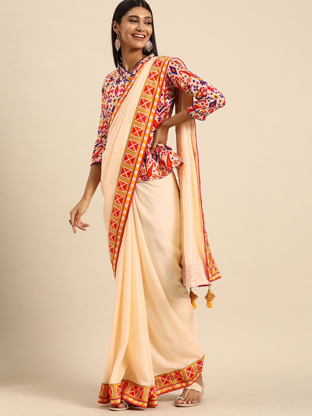 

Anouk Cream-Coloured Dyed Silk Blend Saree