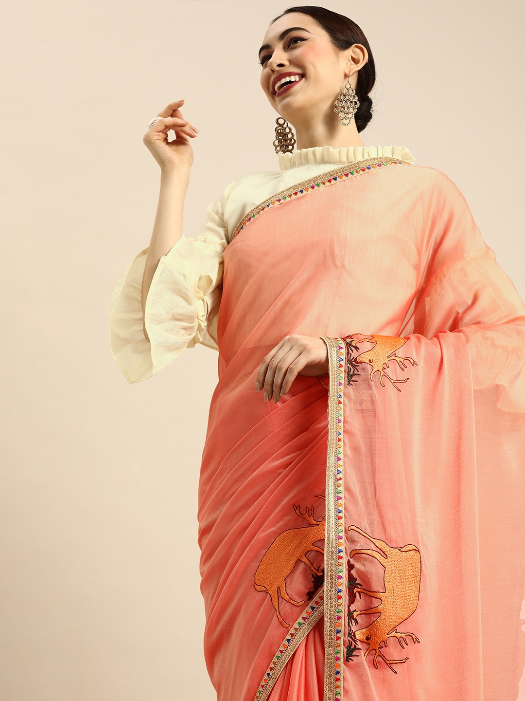 

Anouk Peach-Coloured Solid Silk Blend Saree With Embroidery