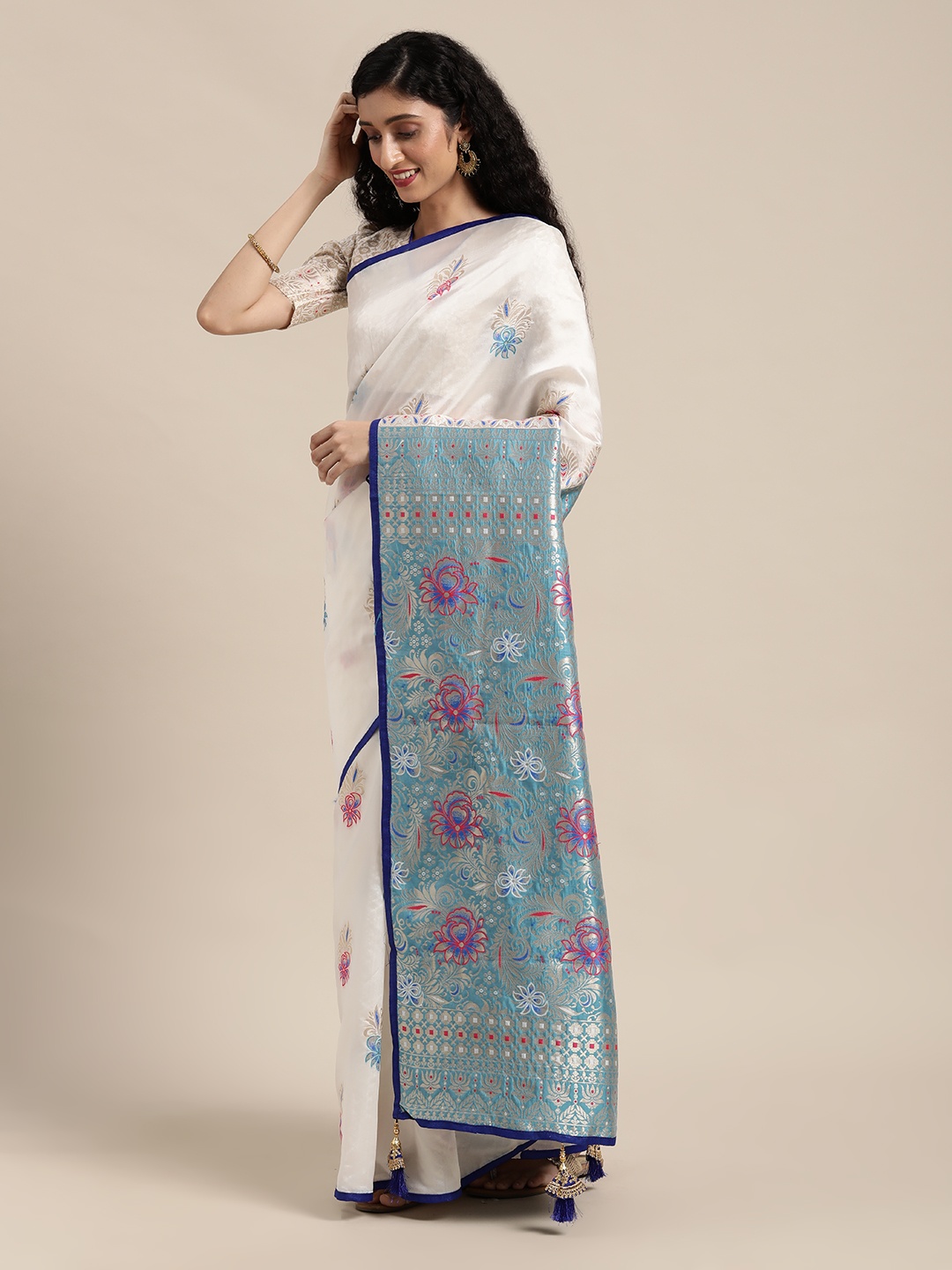 

Anouk White & Blue Floral Zari Silk Blend Saree