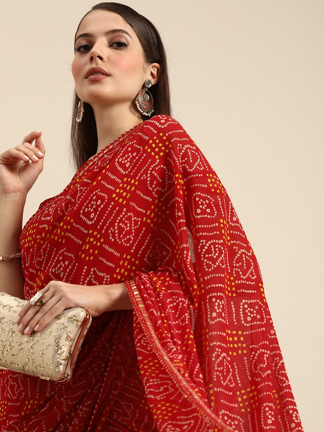 

Anouk Red & White Pure Georgette Printed Bandhani Saree