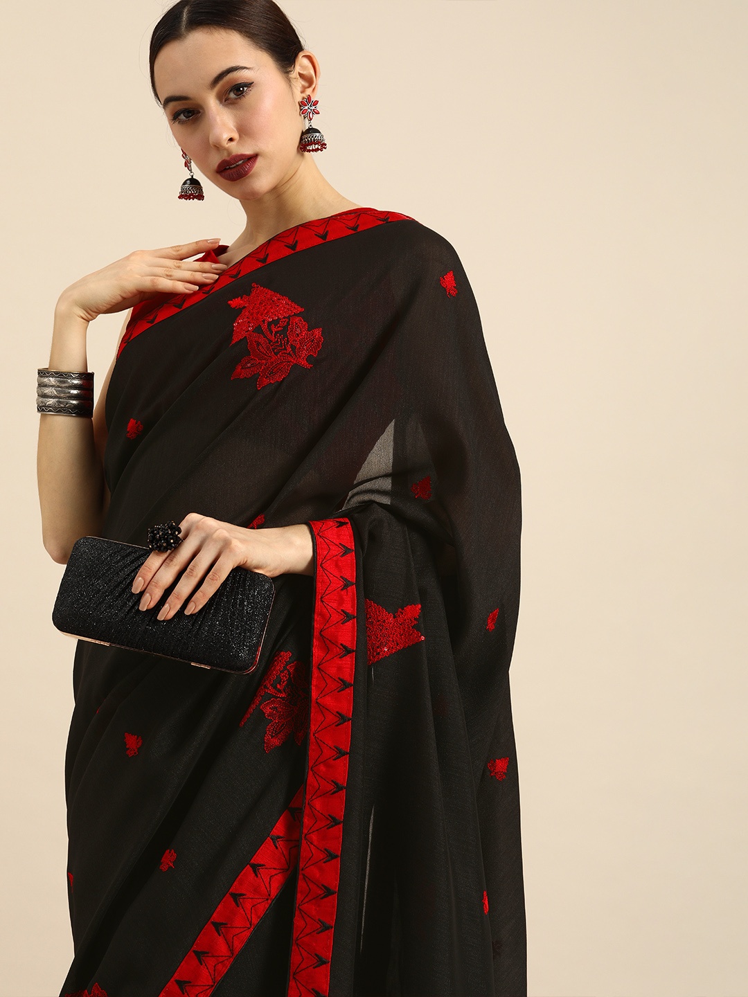 

Anouk Black & Red Silk Blend Embroidered Saree