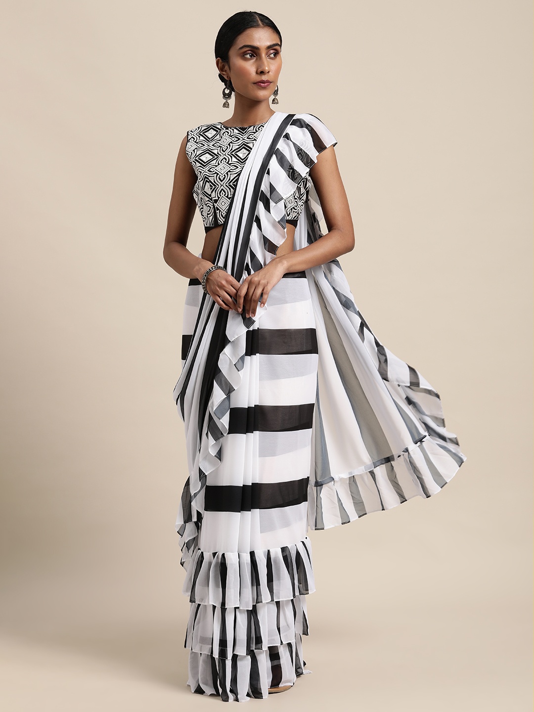 

Anouk White & Black Striped Pure Georgette Saree