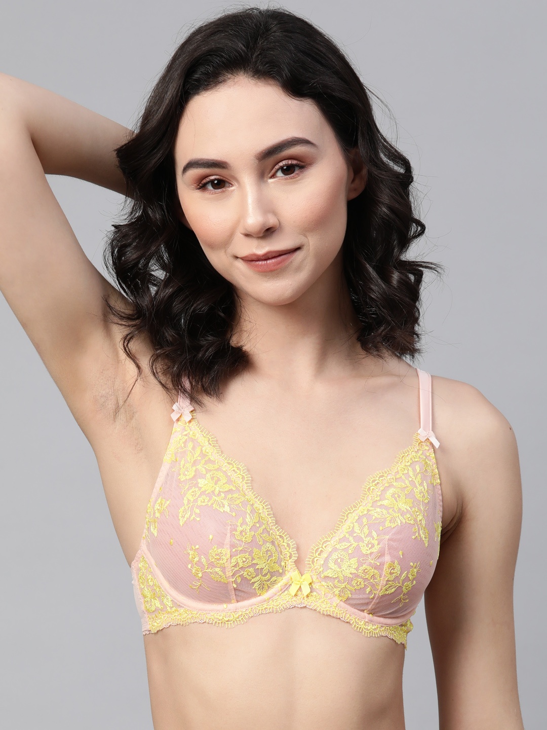 

Marks & Spencer Peach-Coloured & Yellow Self Design Non Padded Plunge Bra T817750