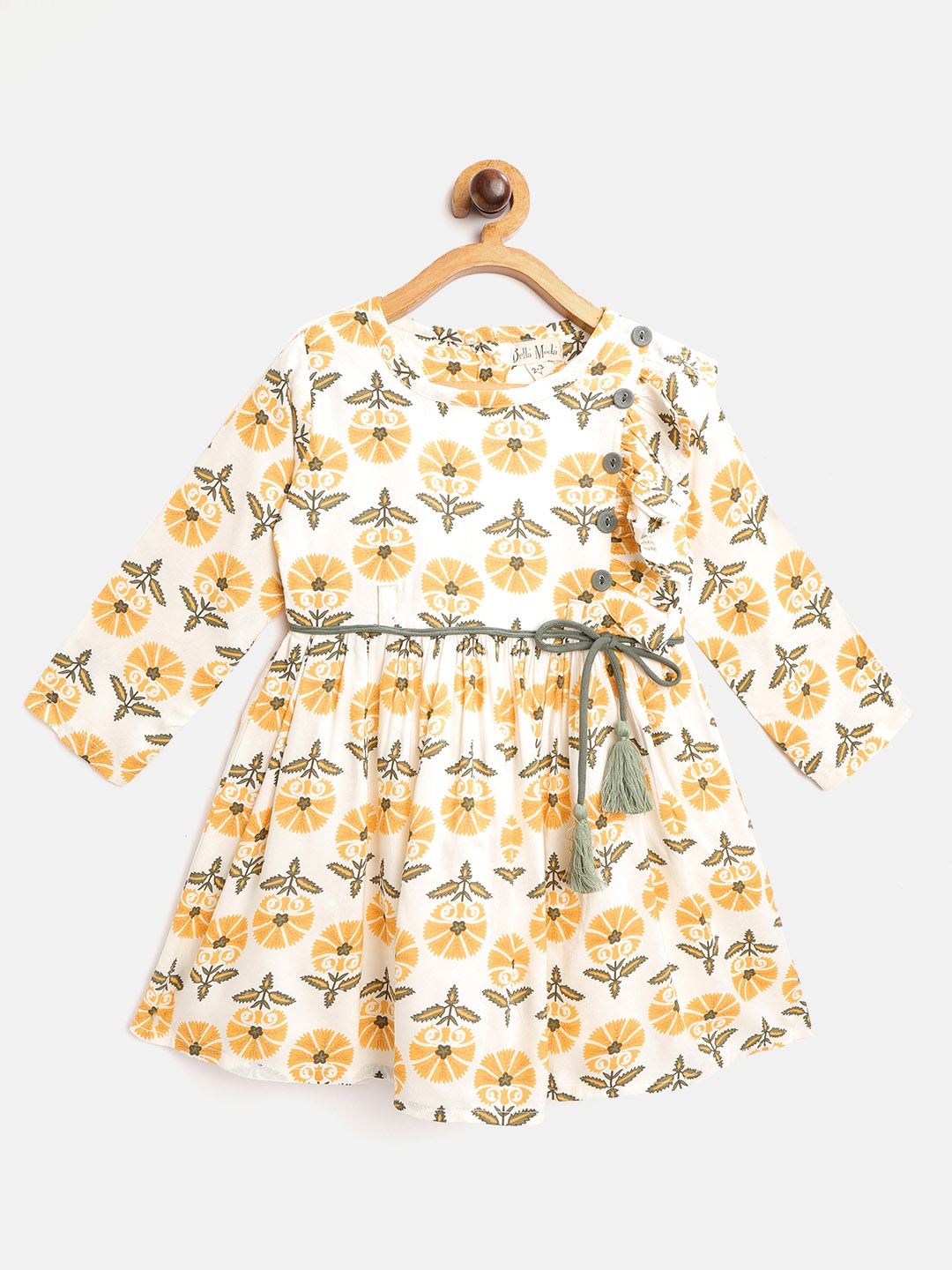 

Bella Moda Girls White & Yellow Floral Print Fit and Flare Dress with Tie-ups