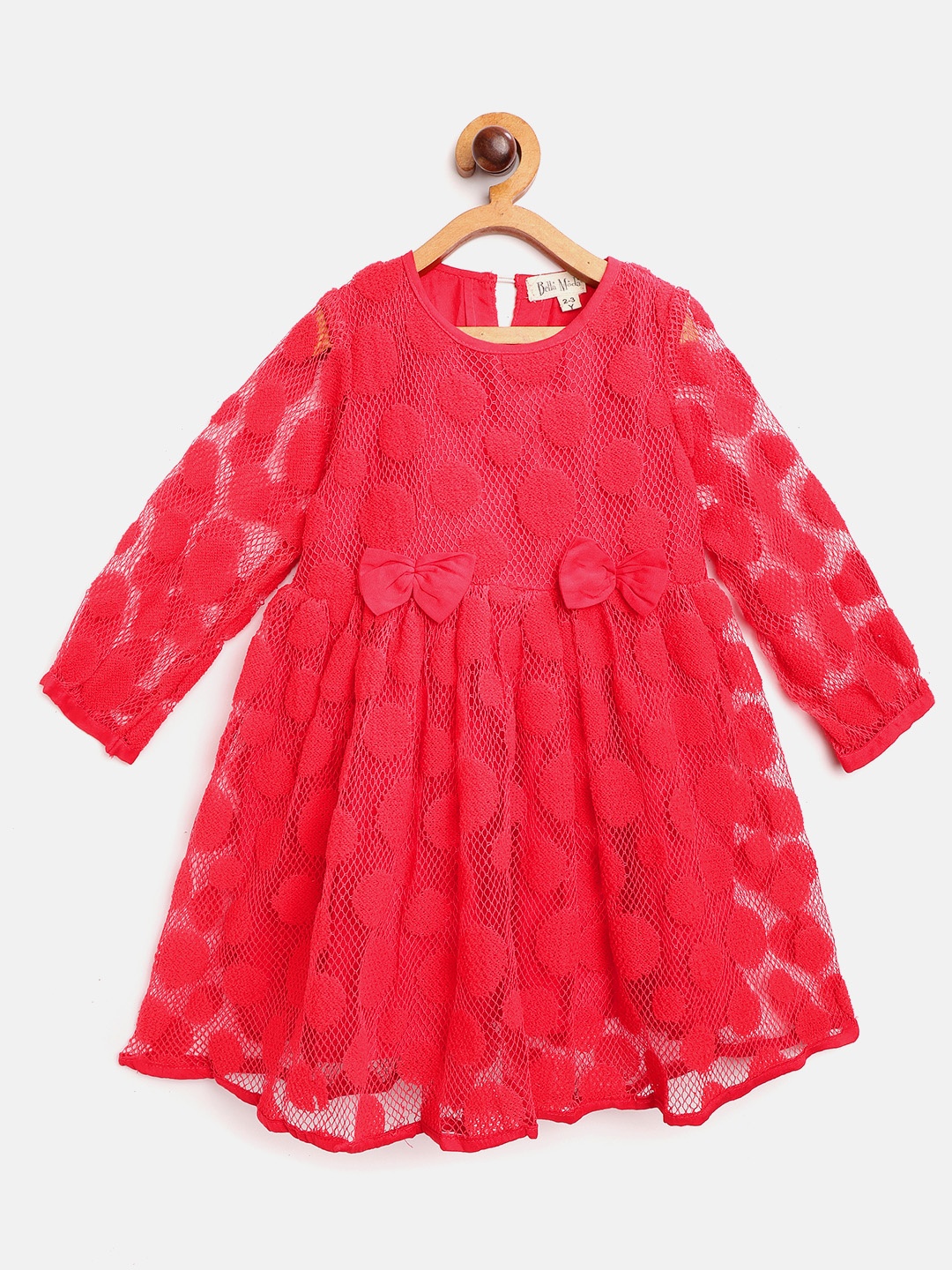

Bella Moda Girls Red Self Design Net Fit and Flare Dress with Bow Detail