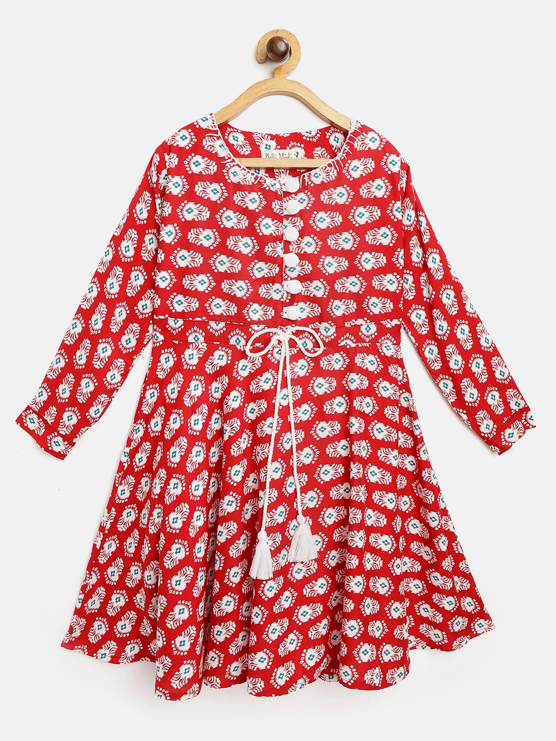 

Bella Moda Girls Red & White Ethnic Motifs Print A-Line Dress with Tie-ups