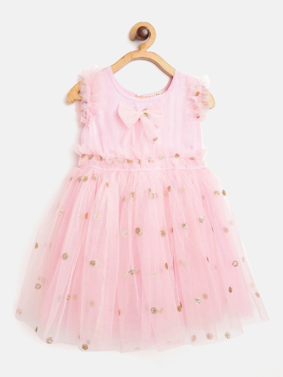 

Bella Moda Girls Pink & Golden Embellished Net Fit and Flare Dress