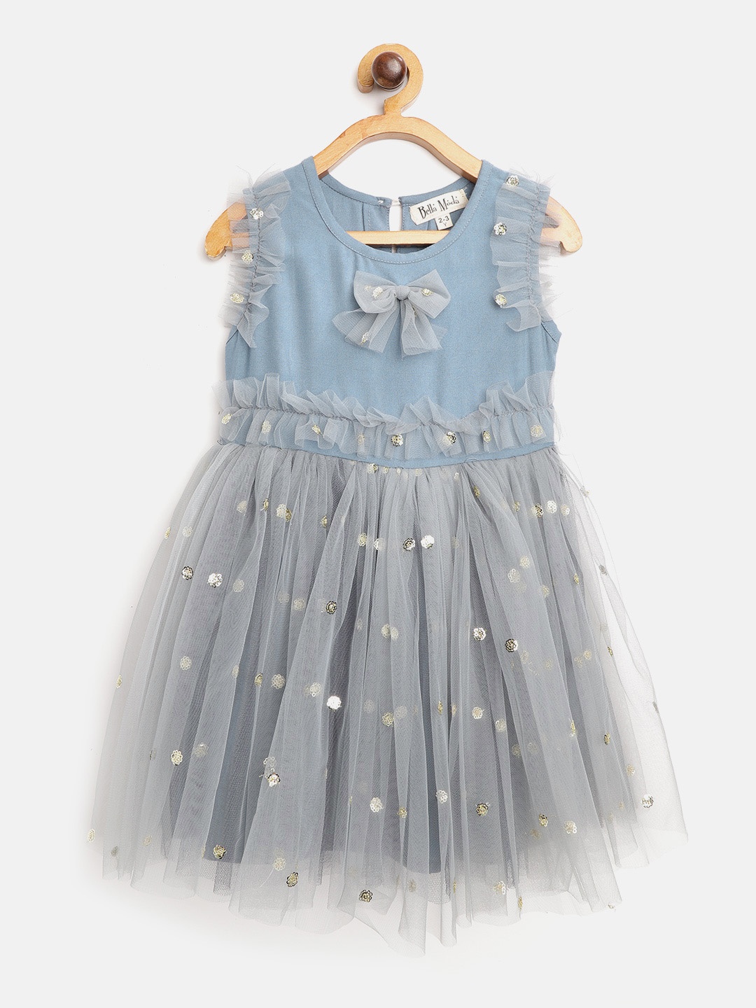 

Bella Moda Girls Grey & Golden Embellished Net Fit and Flare Dress