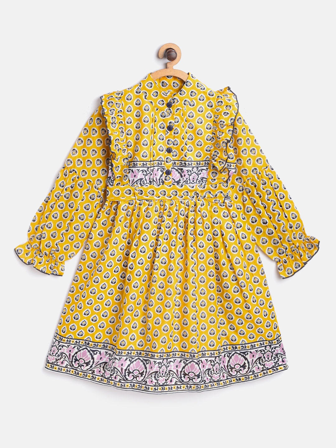 

Bella Moda Girls Mustard Yellow & White Ethnic Motifs Print Ruffle Fit and Flare Dress