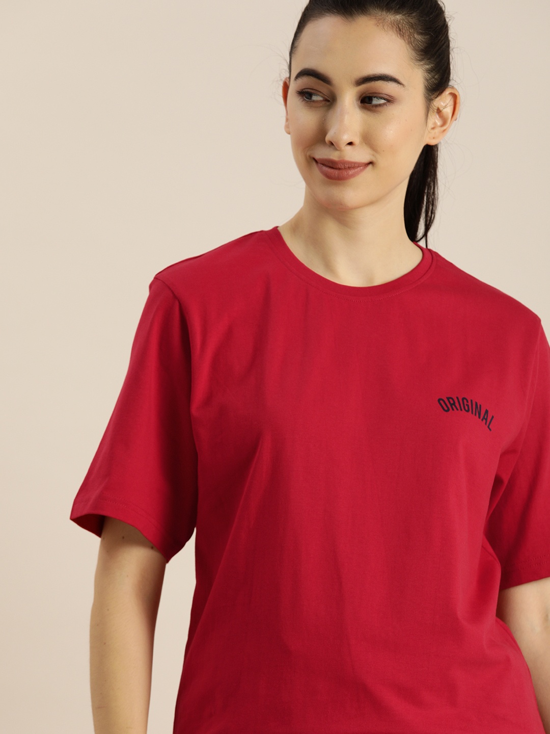 

DILLINGER Women Red Solid Round Neck Oversized Pure Cotton T-shirt