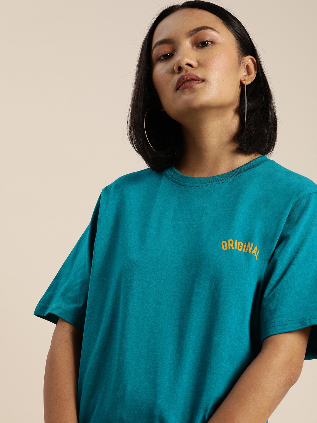 

DILLINGER Women Teal Blue Solid Round Neck Longline Oversized Pure Cotton T-shirt